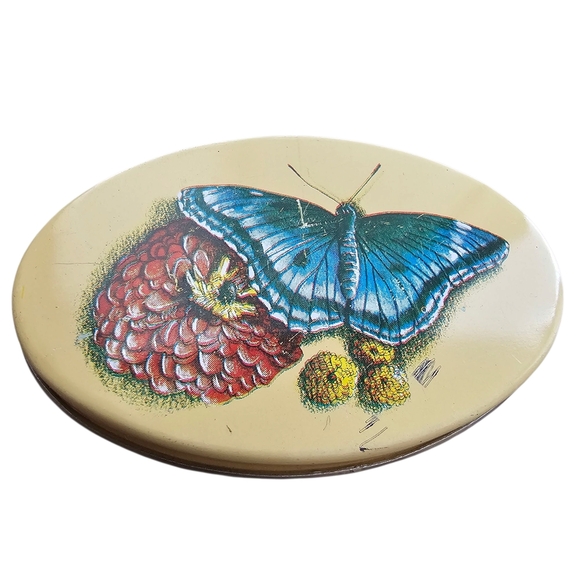 Vintage Blue Butterfly on Raspberry Oval Mini Pill Treasure Tin - Picture 1 of 6
